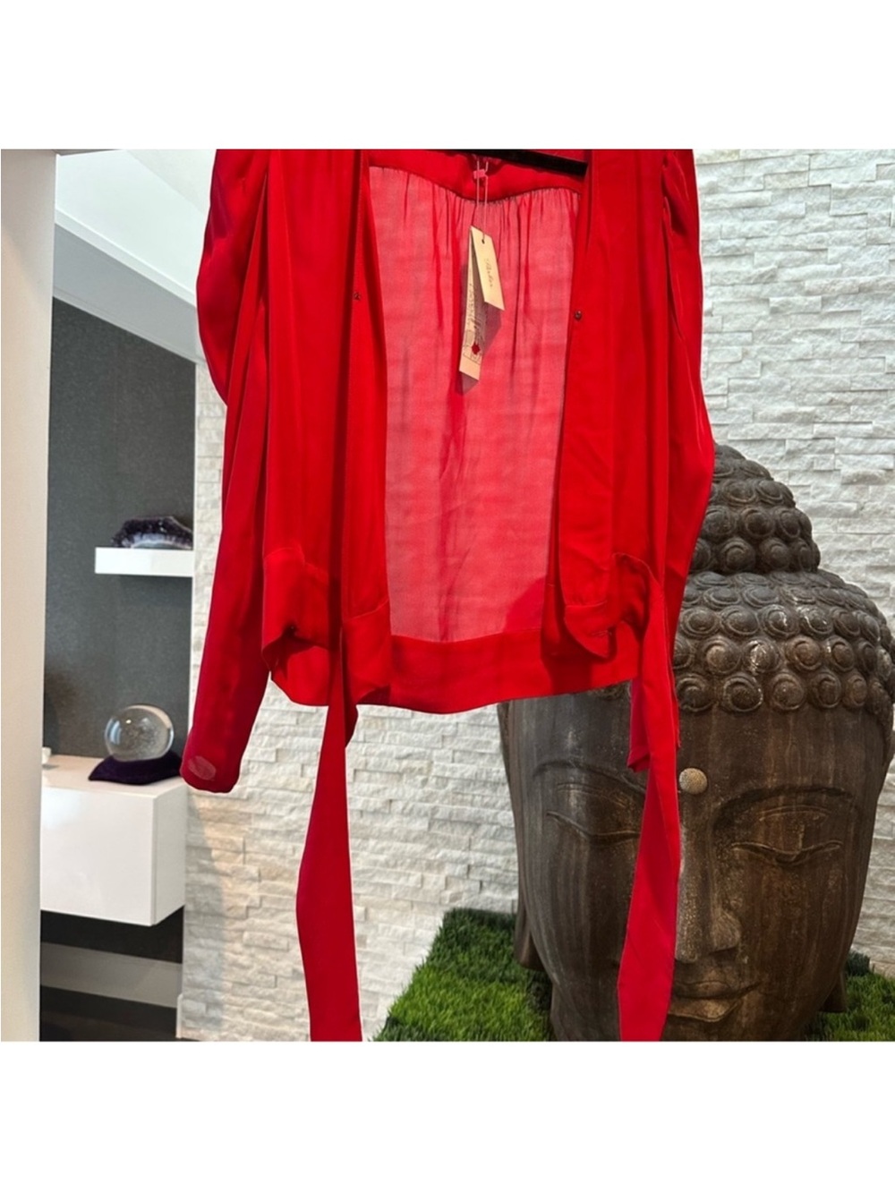 BNWT Parker Arya Puff Sleeve Wrap silk long sleep top ruby red XS - Picture 3 of 10